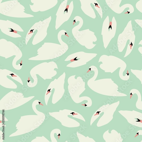 Swan seamless pattern on mint background, vector illustration