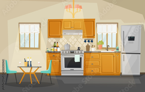 Kitchen interior view. Fridge and oven, utensil