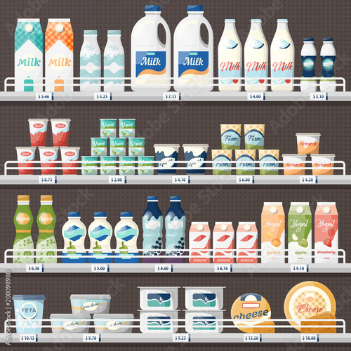 Counter with milk and yogurt, cheese