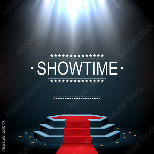 Showtime banner with podium and red carpet illuminated by spotlights