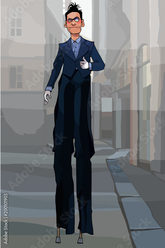 cartoon male clown in black suit on stilts walking around town