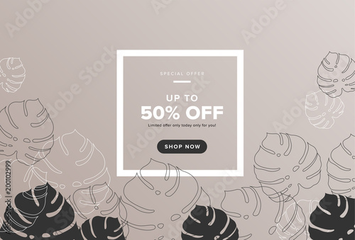 Elegant sale banner with monstera leaves on golden background - black and white thin line art - summer sale exotic and tropic background design