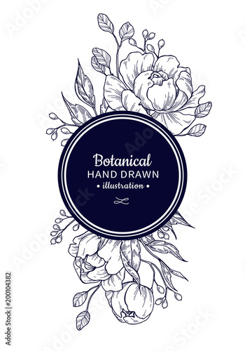 Vintage flower vector frame drawing. Peony, rose, leaves and ber