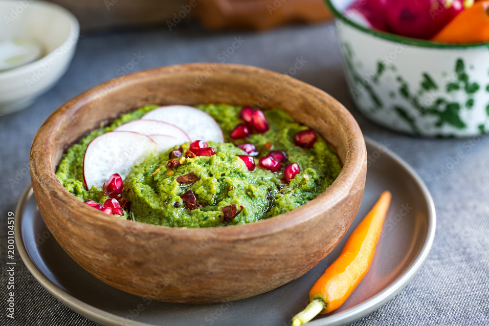 Spinach Hummus with Pomegranate and Herb Olive oil Spinach Hummus with Pomegranate and Herb Olive oil