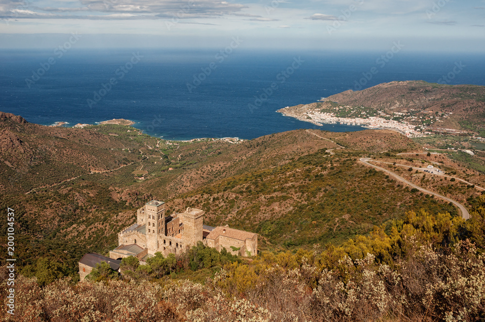 View over Pyrenees mountains and Mediterranean Sea . Beautiful landscape composition. Llanca. Spain. Girona.