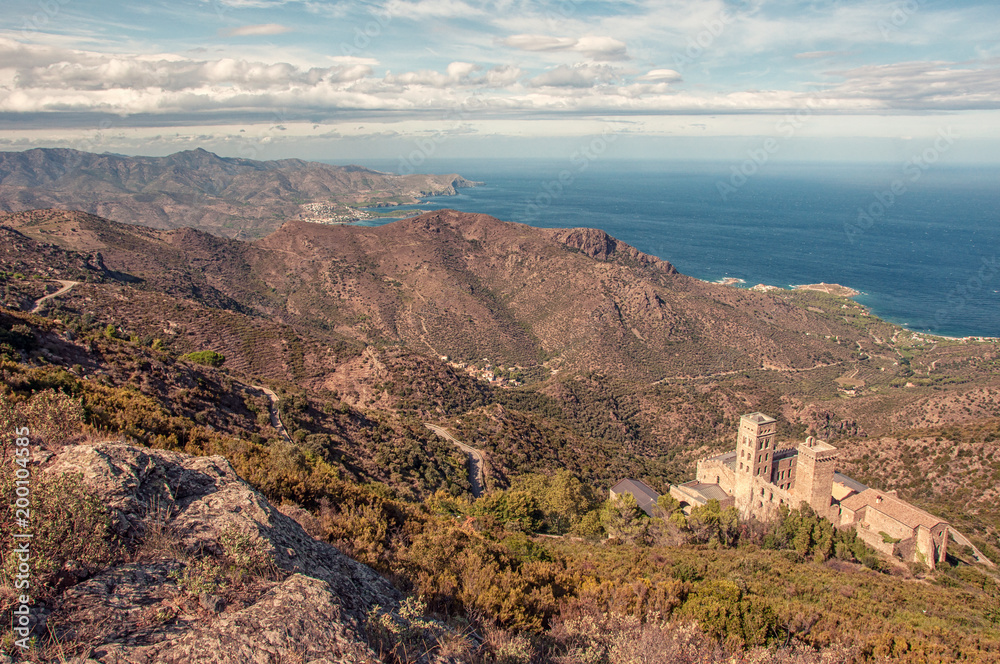 View over Pyrenees mountains and Mediterranean Sea . Beautiful landscape composition. Llanca. Spain. Girona.