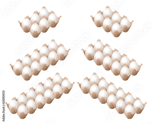 Flat isometric illustration of fresh chicken eggs in the different carton boxes. Raw farm eggs cardboard container set. Food, breakfast, cooking vector 3d design elements isolated on white background.