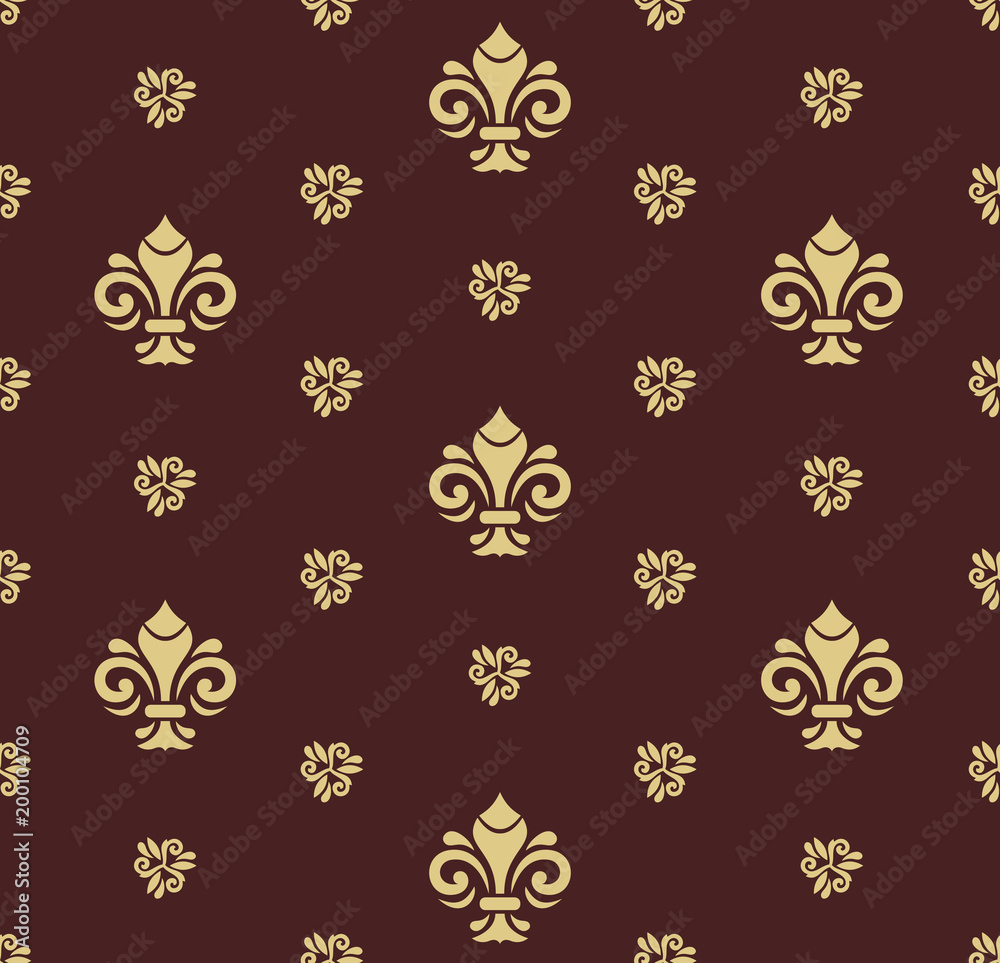 Seamless vector pattern. Modern geometric ornament with golden royal lilies. Classic vintage background Seamless vector pattern. Modern geometric ornament with golden royal lilies. Classic vintage background