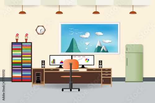 office interior analyze share graph financial business with two compute screen on the table flat design cartoon vector illustration