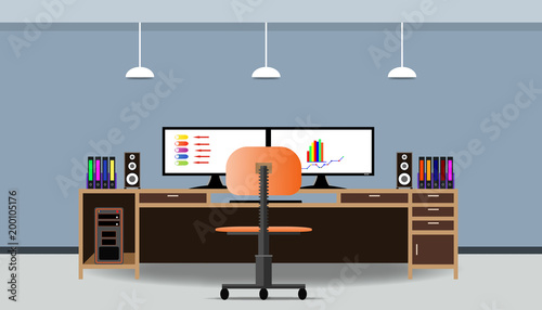 office interior analyze share graph financial business with two compute screen on the table. flat design cartoon wall gray - blue background vector illustration