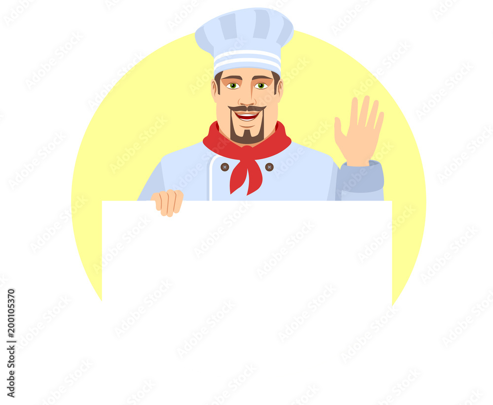 Chef holding white blank poster and greeting someone with his hand raised up Chef holding white blank poster and greeting someone with his hand raised up