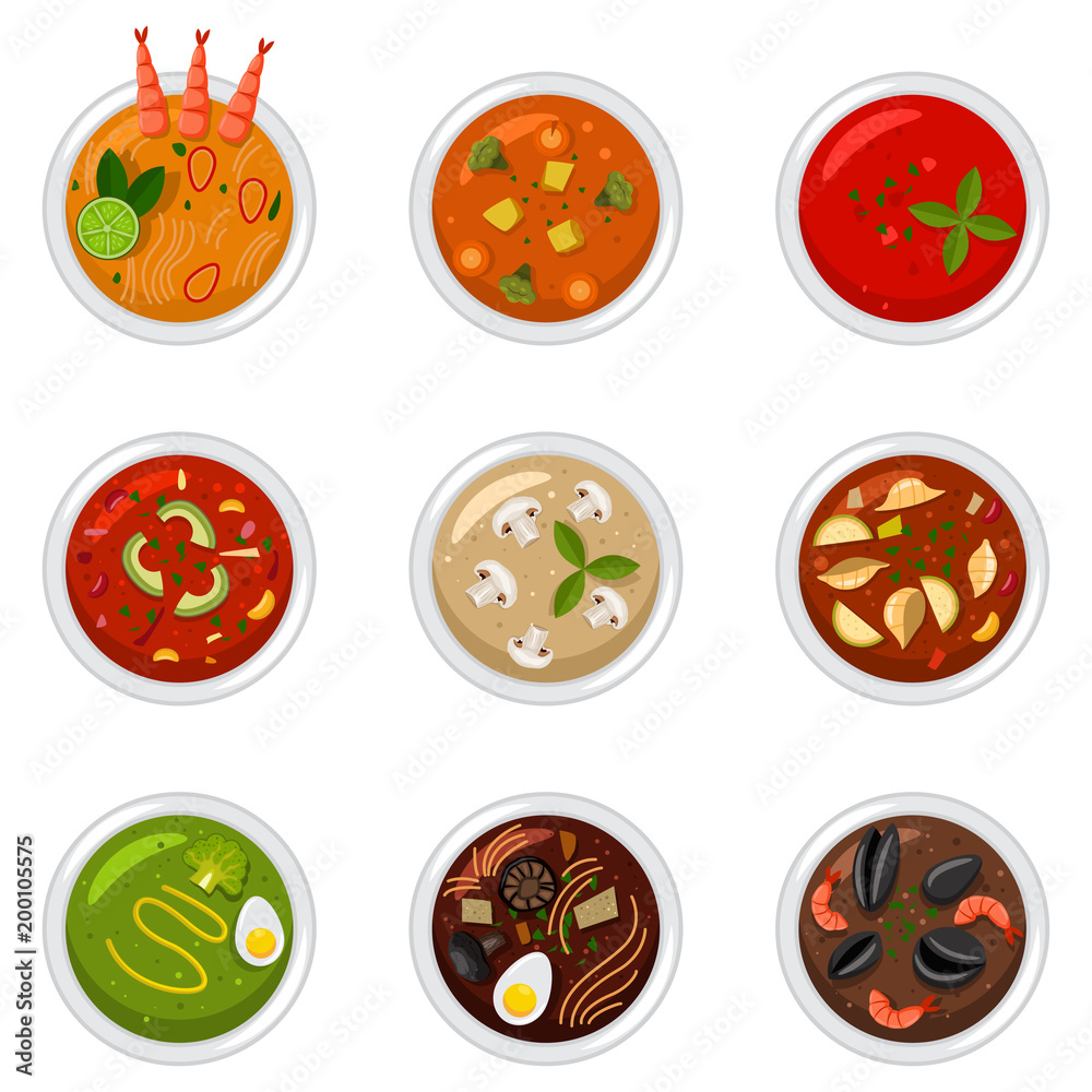 Soup in dish top view. Food vector cartoon flat icon set isolated on a ...