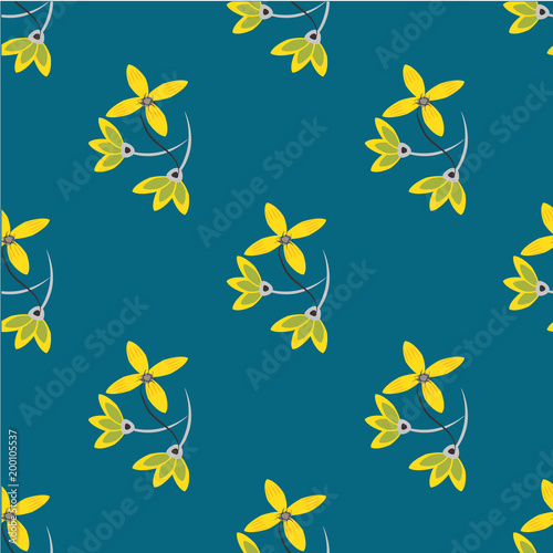 Floral seamless pattern design. Spring flowers and leaves. Cute hand drawn vector illustration. Black and yellow elements on white background.
