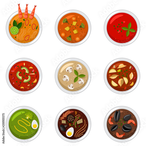 Soup in dish top view. Food vector cartoon flat icon set isolated on a white background.