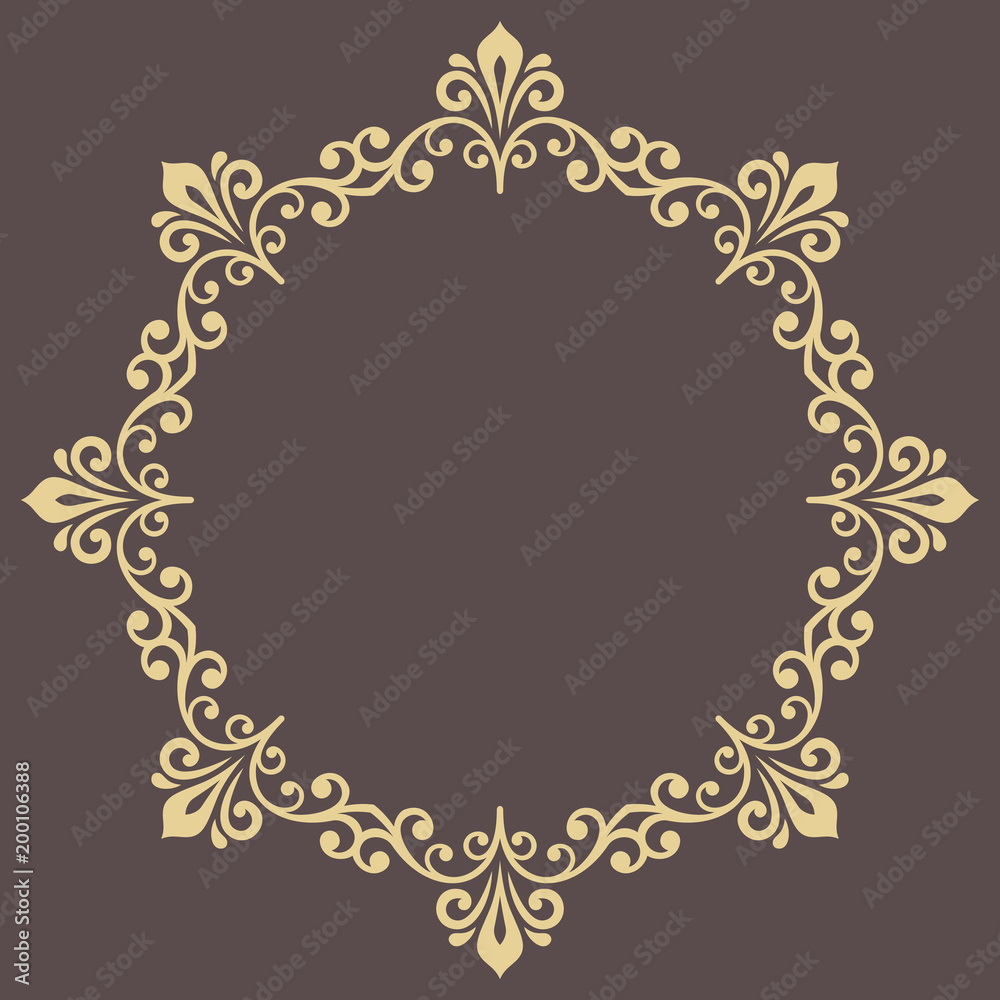 Oriental vector round frame with arabesques and floral elements. Floral golden border with vintage pattern. Greeting card with place for text Oriental vector round frame with arabesques and floral elements. Floral golden border with vintage pattern. Greeting card with place for text