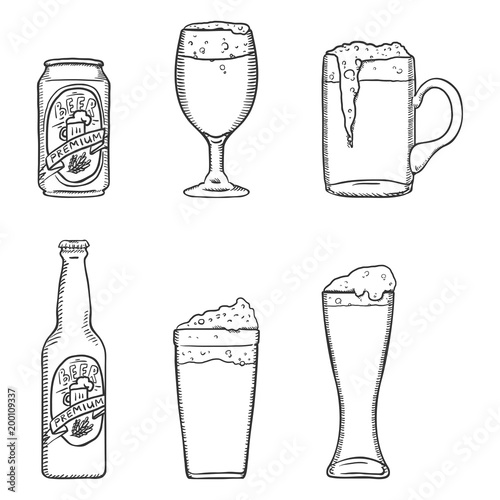 Vector Sketch Set of Beer Glasses, Bottle and Can.