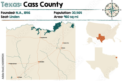 Detailed map of Cass county in Texas  USA.