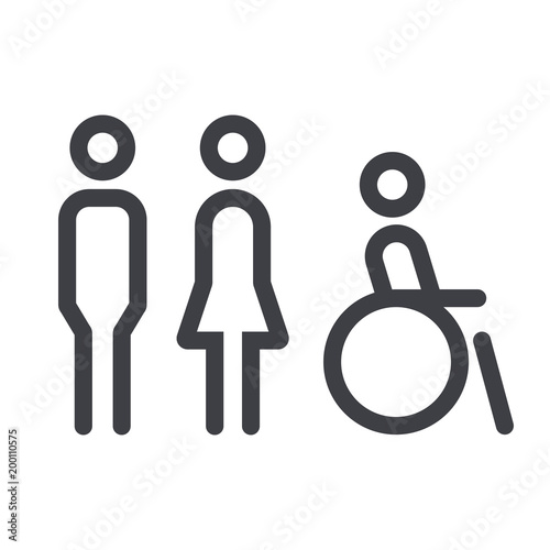 Gender icon. Man and Woman icon isolated minimal design. Toilet line icon, outline vector sign, linear style pictogram isolated on white. WC symbol, vector logo illustration.