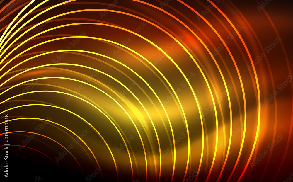 Naklejka premium Circular glowing neon shapes, techno background. Abstract shiny transparent circles on dark technology space