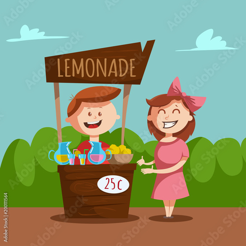 Lemonade stand with a pitcher and glass jar with lemon juice. Vector cartoon illustration of a boy and a girl selling a chilled pink and yellow drink.