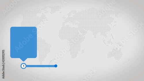 Flow chart infographic with 4 square and step on white background with map. Timeline diagram template in blue color for text and data. Use for business presentations, banners, financial world reports.
