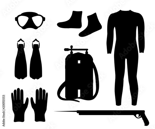 Diving equipment. Diving Mask. Diving snorkel. Diving oxygen tanks and Diving wetsuit. Diving Vector illustration. Diving gear. Diving tools. Diving in the sea.