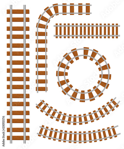 Set of vector railroad and railway tracks construction elements. Straight and curved railroad track. Trackway structure for traffic train. Vector illustration isolated on white background