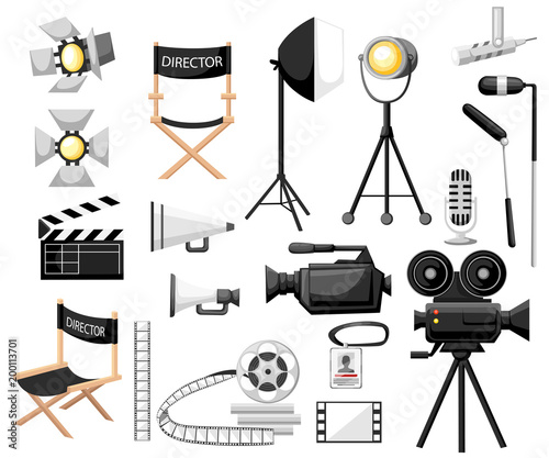 Collection of cinematography. Making a movie cartoon icon set. Director chair, movie camera with film reels, searchlight, megaphone and clapperboard. Vintage cinema concept