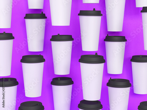 paper cups tamplate 3d with a lid standing on a plane under natural light. Purple background. Rendering.