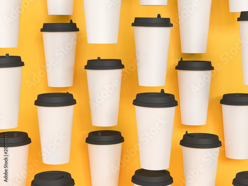 paper cups tamplate 3d with a lid standing on a plane under natural light. Yellow background. Rendering.
