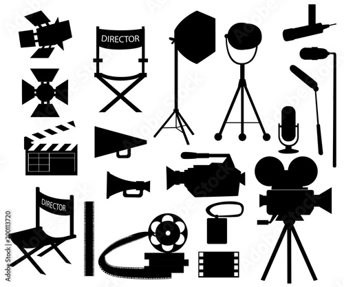 Black silhouette. Collection of cinematography. Making a movie cartoon icon set. Director chair, movie camera with film reels, searchlight, megaphone and clapperboard. Vintage cinema concept