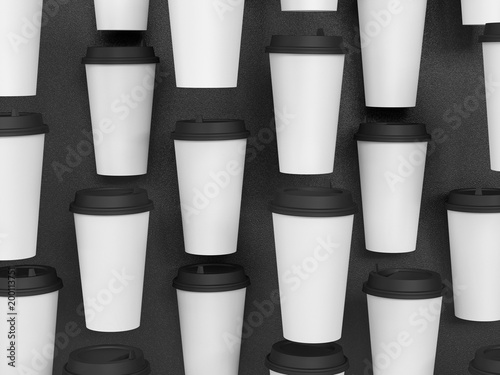 paper cups tamplate 3d with a lid standing on a plane under natural light. Gray background. Rendering.