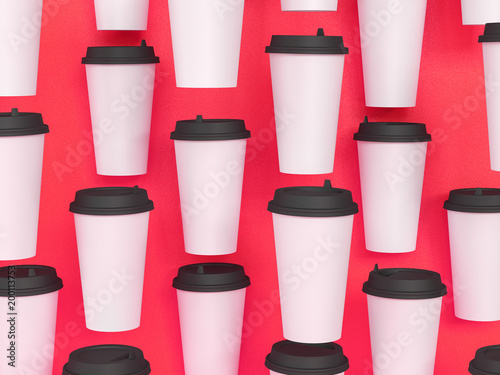 paper cups tamplate 3d with a lid standing on a plane under natural light. Red background. Rendering.