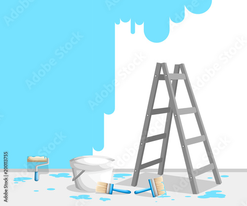 Painting wall with paint roll, brush and ladder. Bright blue paint in buckets. Painter job concept. Vector illustration. Web site page and mobile app design