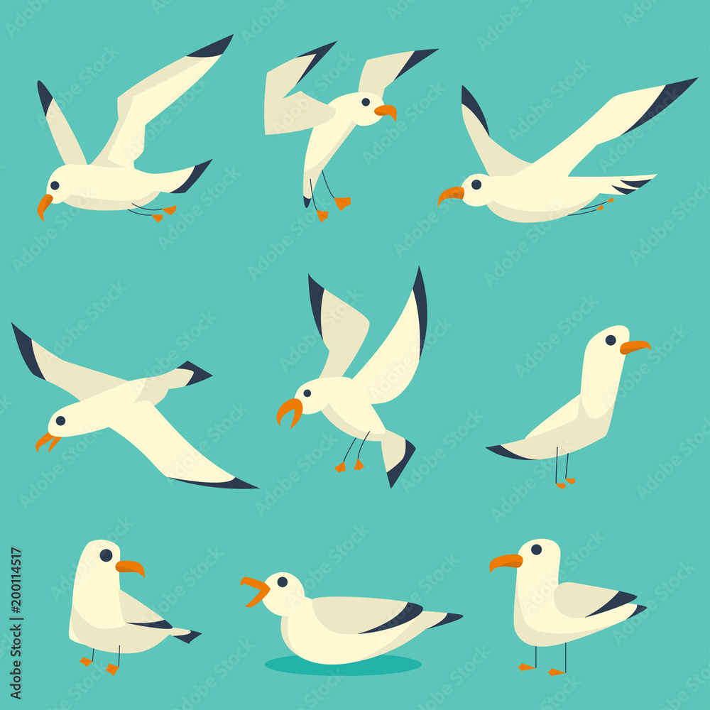 Flying, on the water and standing seagulls cartoon set. Vector flat birds icons isolated on blue background. Flying, on the water and standing seagulls cartoon set. Vector flat birds icons isolated on blue background.
