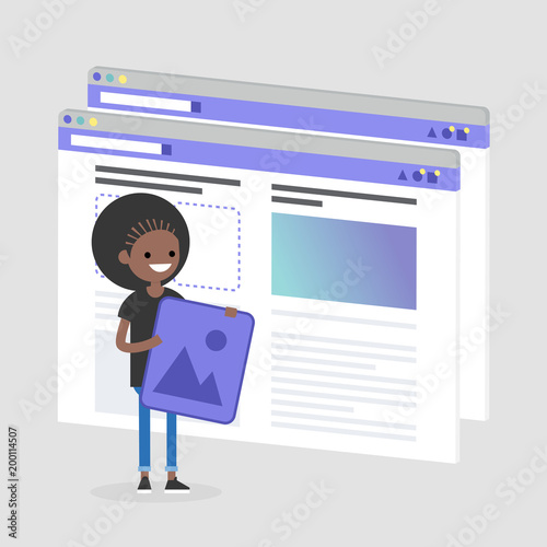 Young black female character making a content for the lifestyle media. Webpage layout. Front end developer. Technology. Flat editable vector illustration, clip art