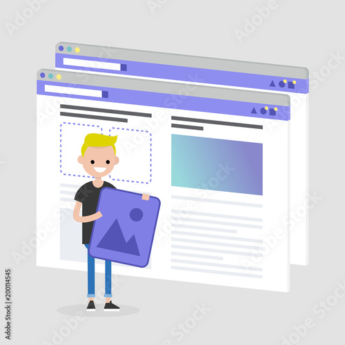 Young character making a content for the lifestyle media. Webpage layout. Front end developer. Technology. Flat editable vector illustration, clip art