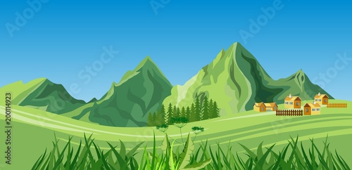 Concept countryside vector view, farm houses, in mountains valley, green hills and mountains, grass, highlands