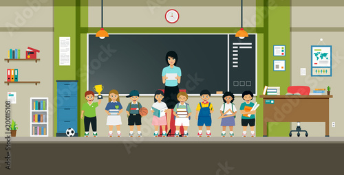 Teachers and students stand in front of the classroom with the backboard.