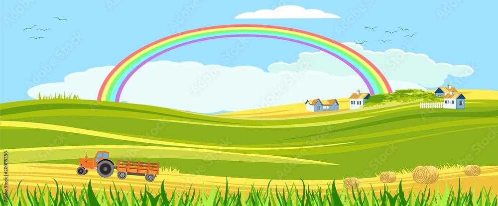 Horizontal Concept countryside vector view, farm houses, tractor, rainbow and clouds in the sky