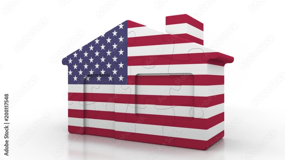 Building puzzle house featuring flag of the United States of America. American emigration, construction or real estate market conceptual animation Building puzzle house featuring flag of the United States of America. American emigration, construction or real estate market conceptual animation
