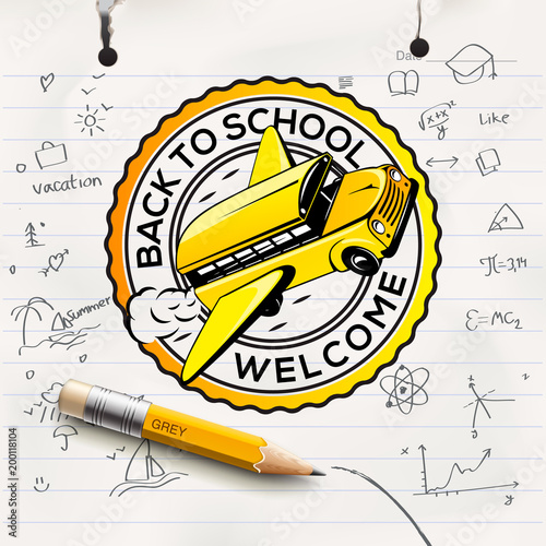 Welcome Back to school logo, school notebook paper sheet, freehand drawing background, vector illustration. photo