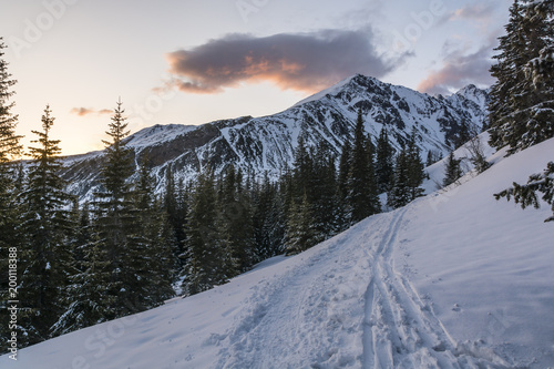 On the snow tracks of hikers and skiers in the mountains at sunrise.