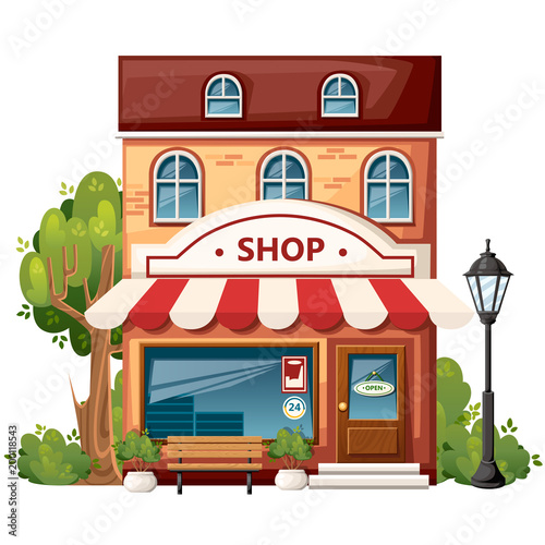 Fototapeta Naklejka Na Ścianę i Meble -  Shop front view. City design elements. Cartoon style design. Store with open sign, bench, streetlight, green bushes and trees. Vector illustration on white background