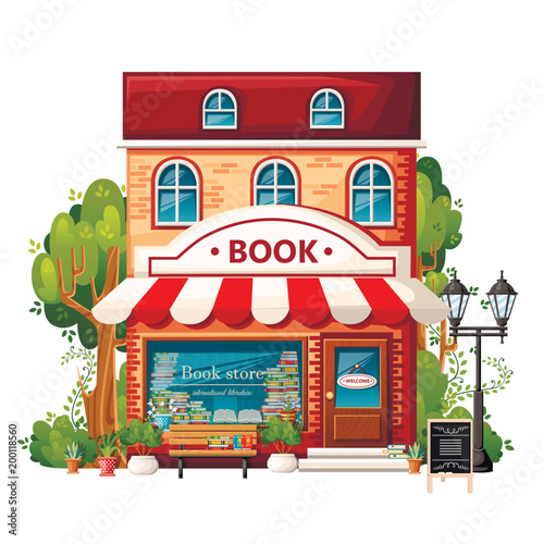 Book shop front view. City design elements. Cartoon style design. Book store with welcome sign, bench, streetlight, green bushes and trees. Vector illustration on white background