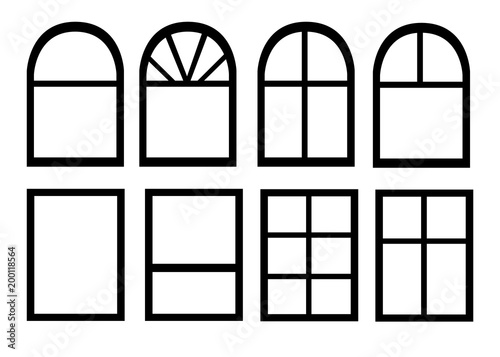 Black silhouette. Vector collection of various windows types for interior and exterior use flat style isolated on white background website page and mobile app design