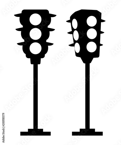 Black silhouette. Traffic light. Vertical traffic signals. Cartoon style design. Vector illustration isolated on white background. Web site page and mobile app design