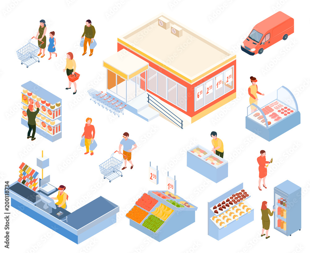 Isometric Supermarket Icons Set