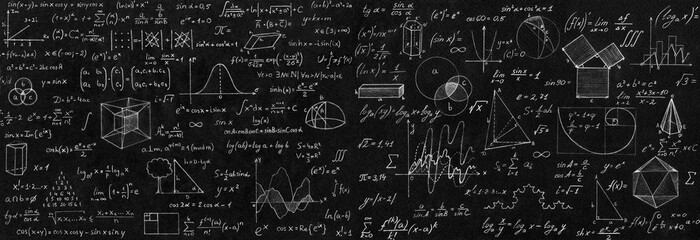 Blackboard inscribed with scientific formulas and calculations in physics and mathematics.
