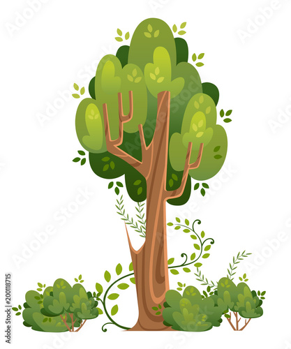 Summer tree and bushes in cartoon style. Green spaces. Vector illustration isolated on white background. Web site page and mobile app design